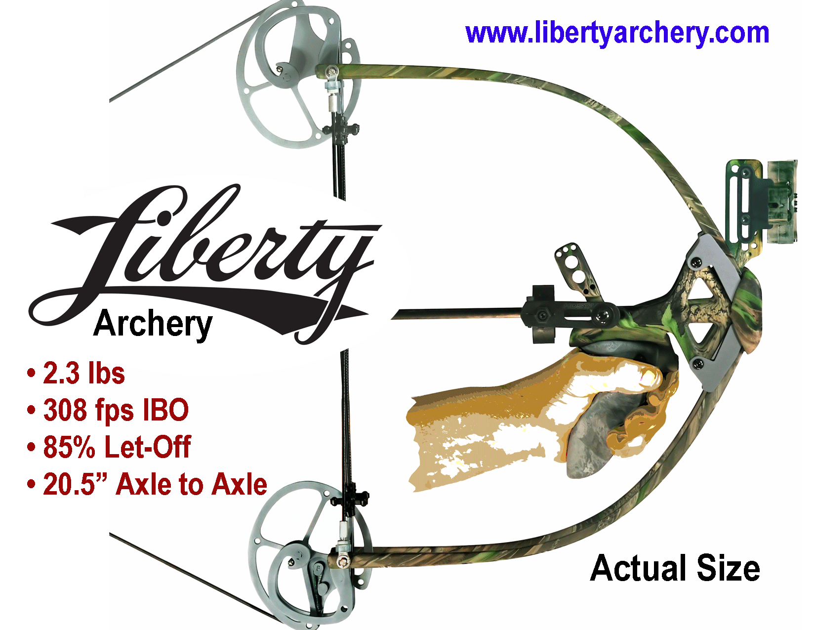 Actural size poster of Liberty compound bow at full draw
