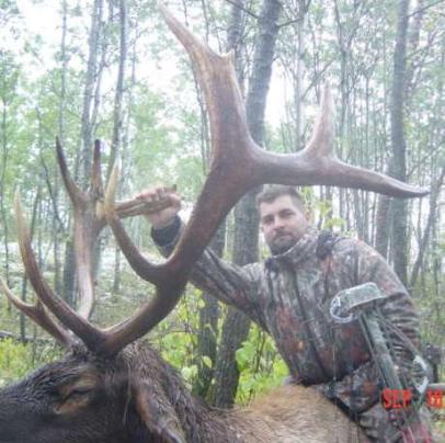 Paz elk hunt bags monster elk with Liberty Archery compound bow close-up.